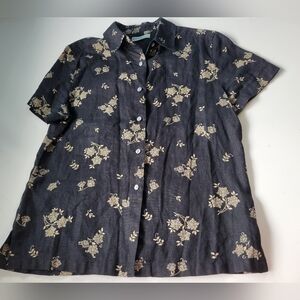 Marsh Landing Petites Small Linen Floral Print Shirt Black